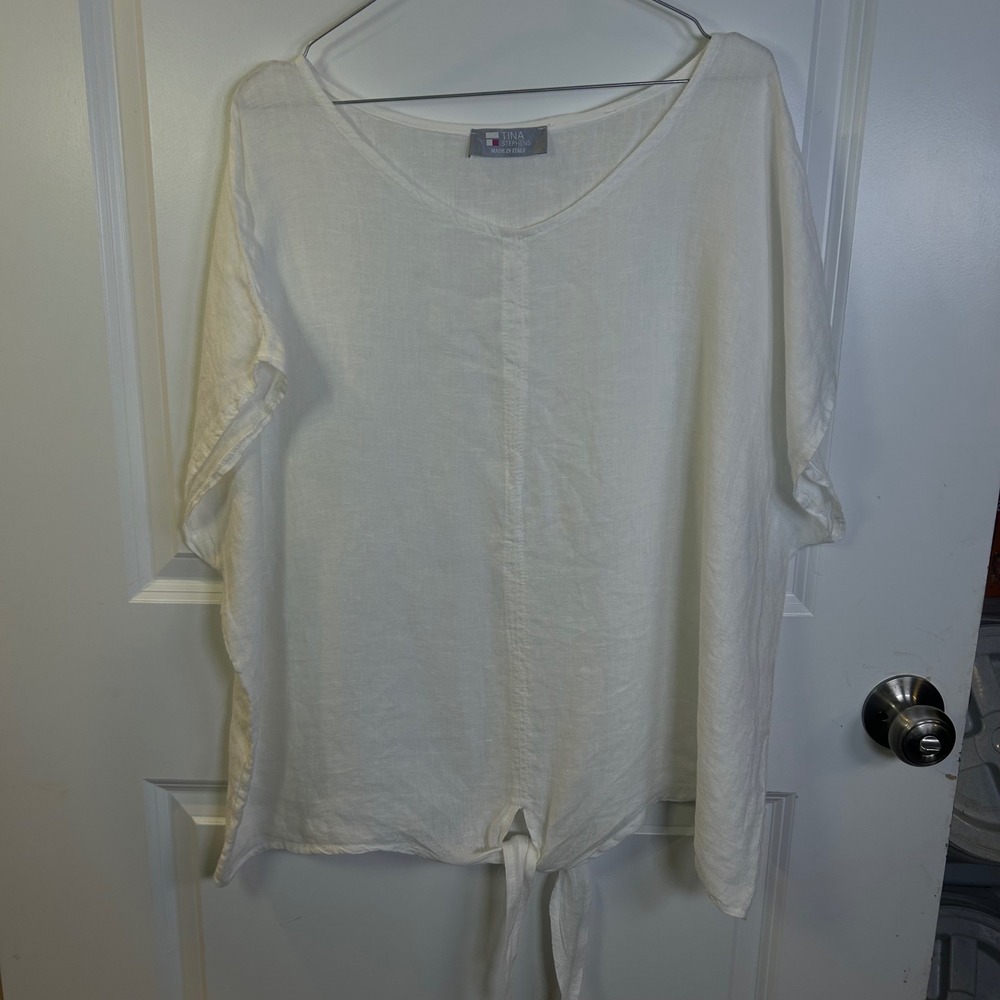 Tina Stephens Womens Linen Tie Front Scoop Neck Dolman Sleeve White‎ Top OS